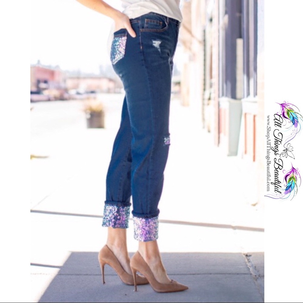L&B Women's Boyfriend Jeans with Sequin Accents - Dark Blue and Purple.
